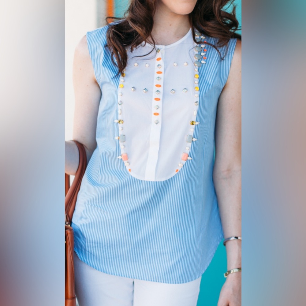 J. Crew Pin-Striped Embellished Sleeveless Women's Top